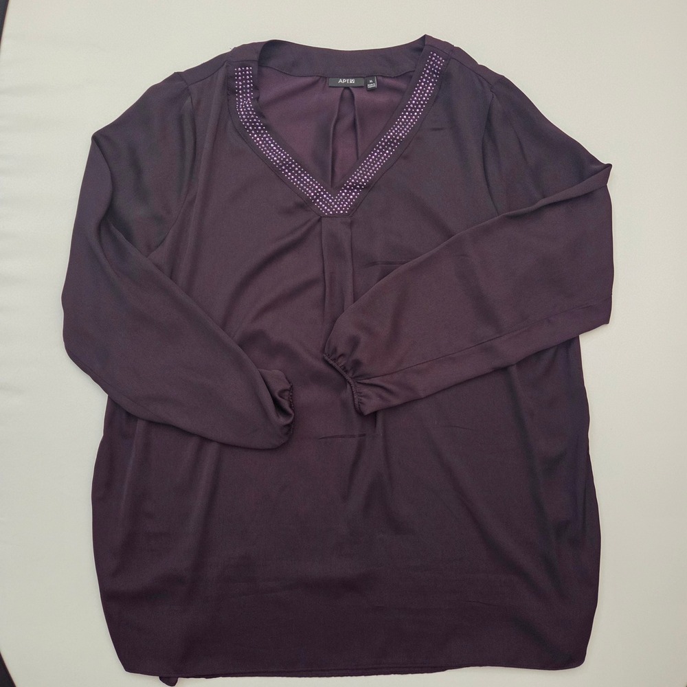 Apt 9 Womens XL Plum Purple Studded V-Neck Long Sleeve Blouse Pleated Front‎ Top